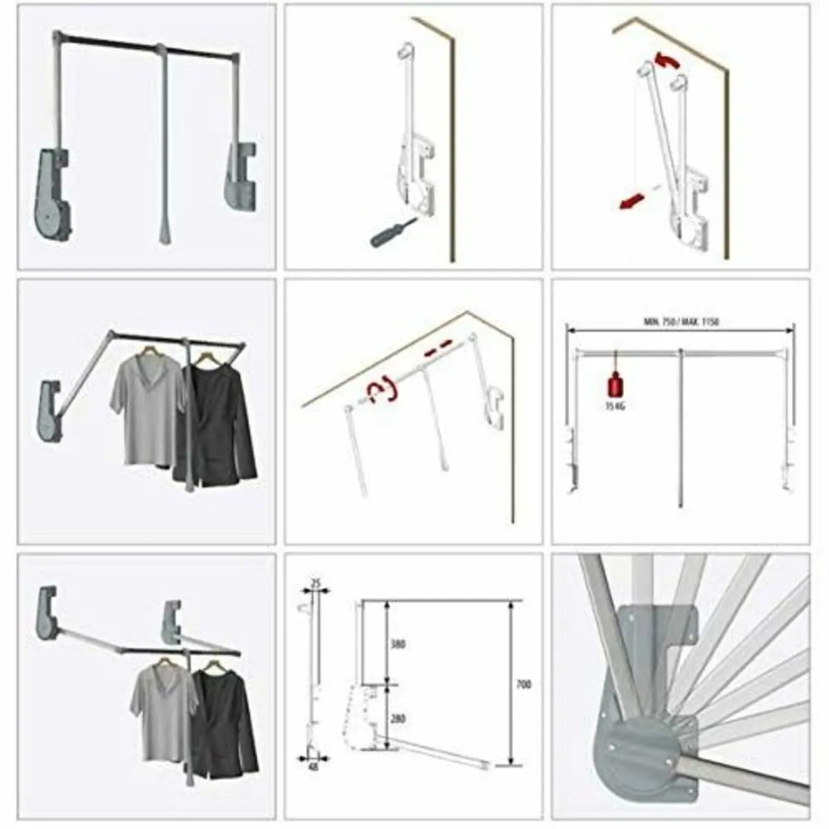Adjustable Pull Down Wardrobe Rail 750mm-1150mm - Image 4