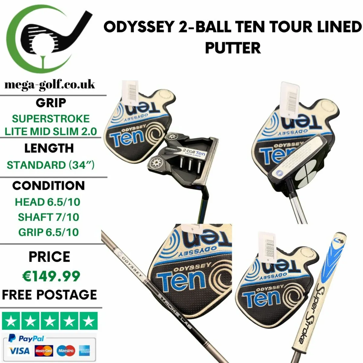 Odyssey 2-Ball Ten Tour Lined Putter / 34″ - Image 1