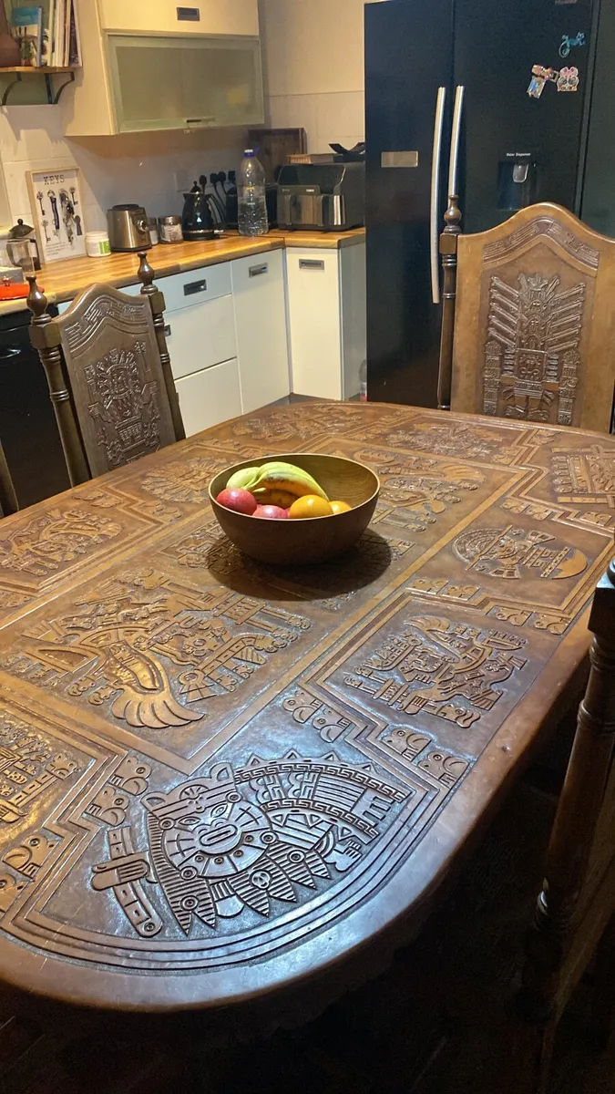 Solid hardwood & tooled leather dining table - Image 1