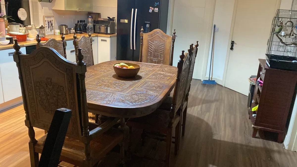 Solid hardwood & tooled leather dining table - Image 2