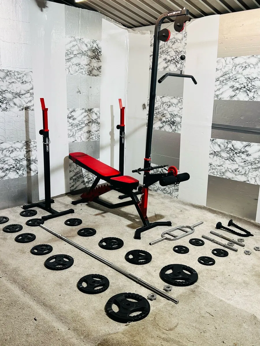 STEEL WEIGHTS BENCH RACK WITH PULLY BAR DUMBBELLS - Image 1