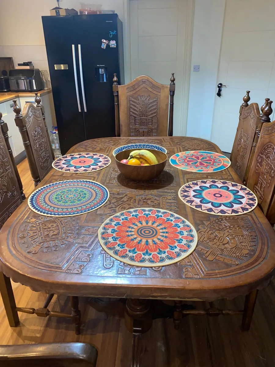 Solid hardwood & tooled leather dining table - Image 3