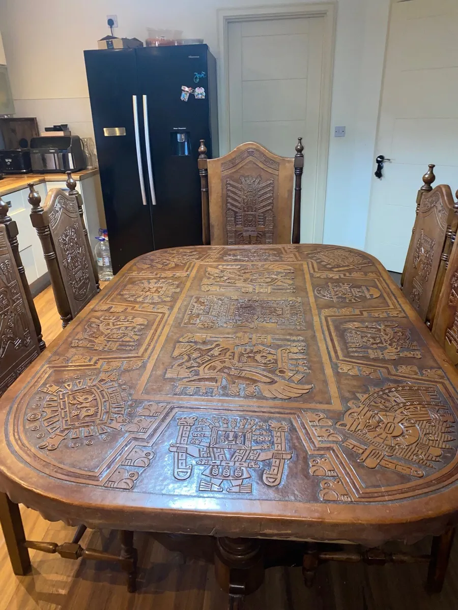 Solid hardwood & tooled leather dining table - Image 4