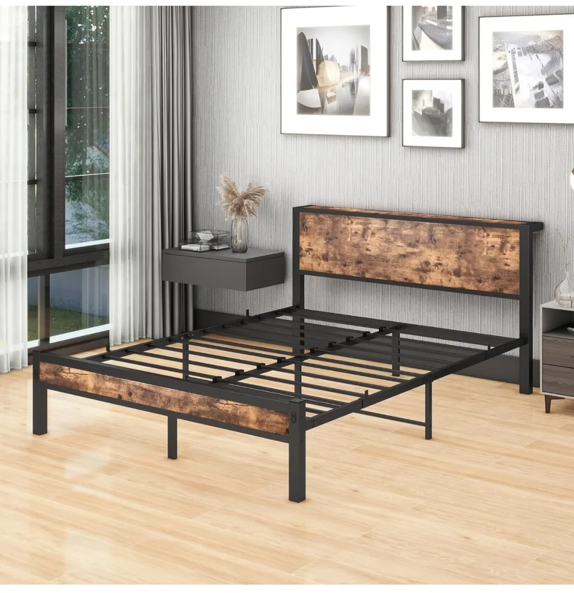 King Size Bed Frame with Storage Wooden Headboard, - Image 4