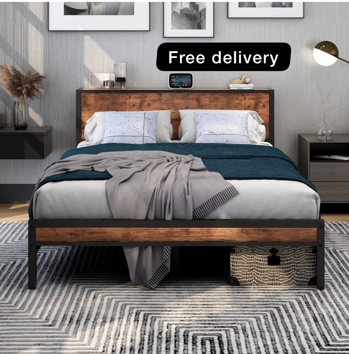 King Size Bed Frame with Storage Wooden Headboard, - Image 1