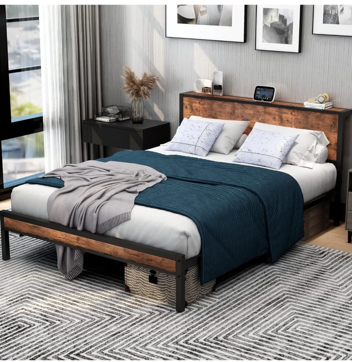 King Size Bed Frame with Storage Wooden Headboard, - Image 1