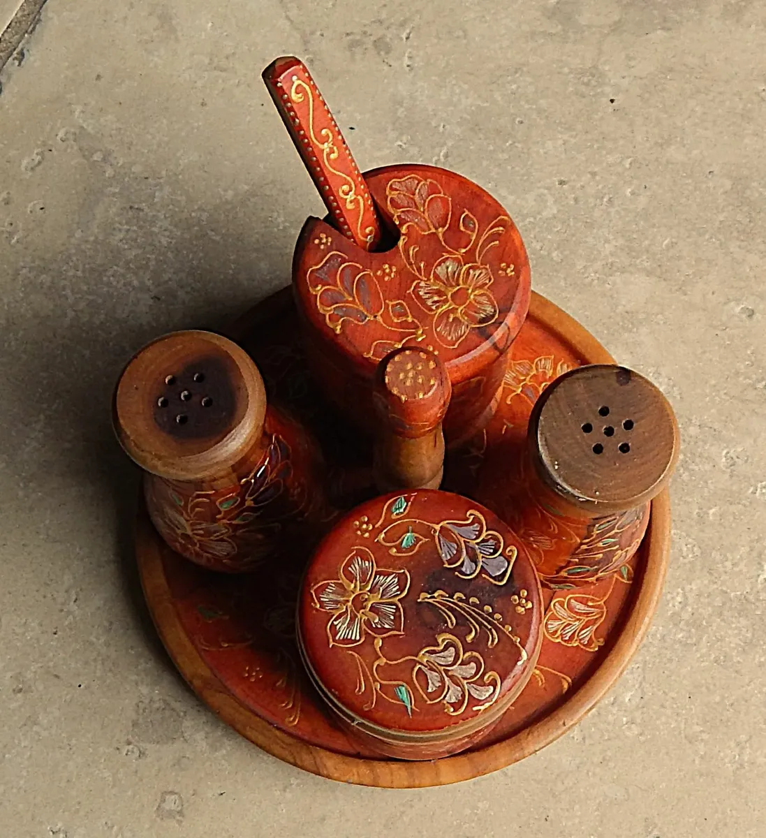 Hand Made, Hand Decorated Wooden Cruet Set & Vase - Image 2