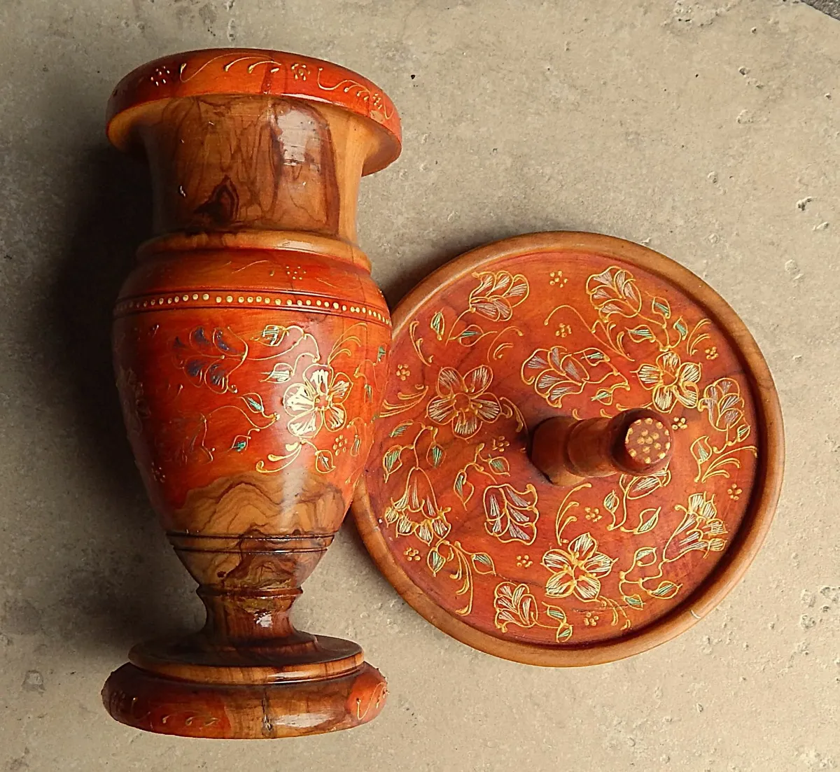 Hand Made, Hand Decorated Wooden Cruet Set & Vase - Image 3