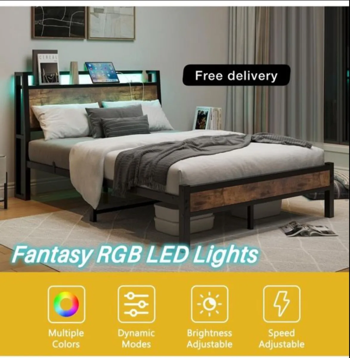 Double Size Bed Frame with Charging Station and LE