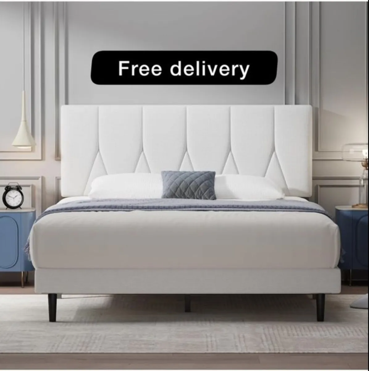 Double Bed Frame, White, Upholstered