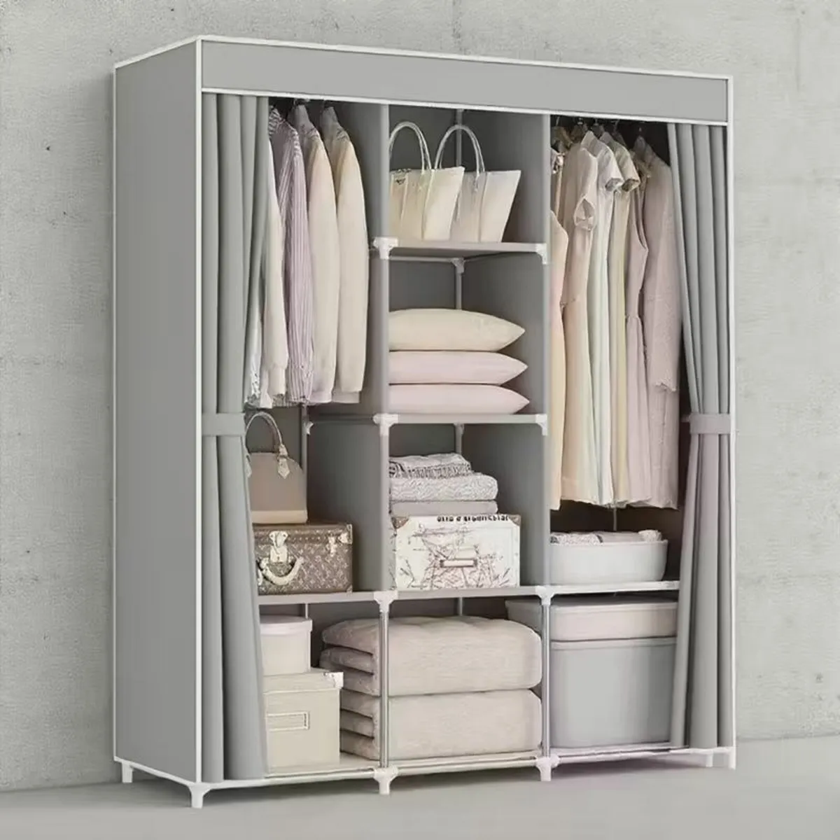 Wardrobe Metal Frame Cabinet with Hanging Rods - Image 1