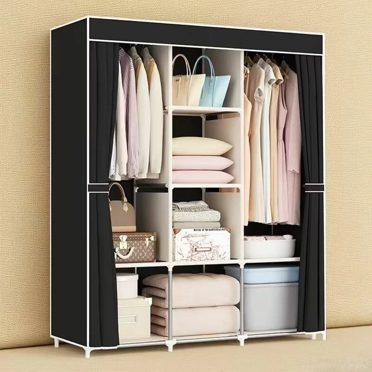 Wardrobe Metal Frame Cabinet with Hanging Rods - Image 3