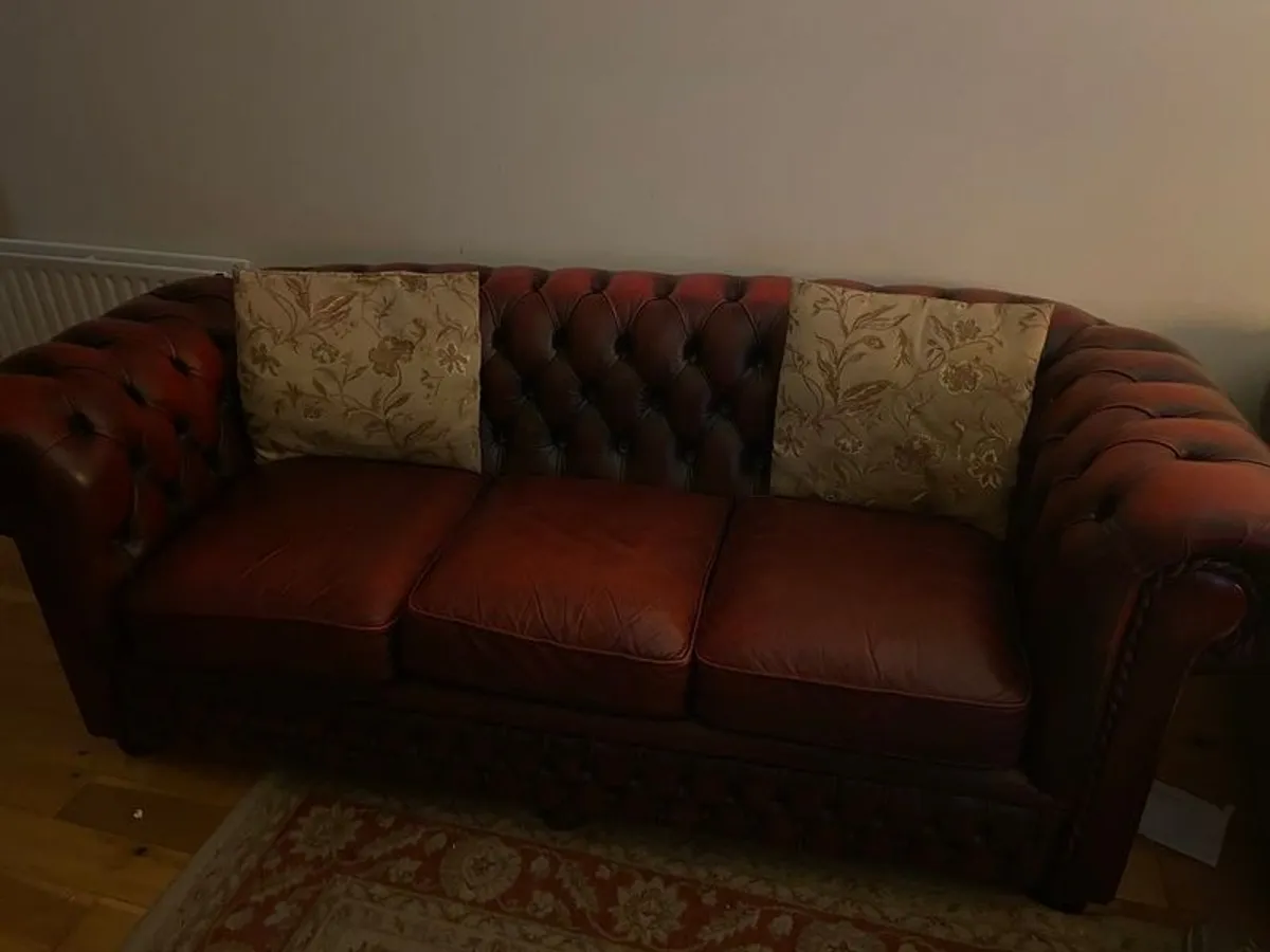 Chesterfield oxblood 3 seater & 2 Arm chairs - Image 1