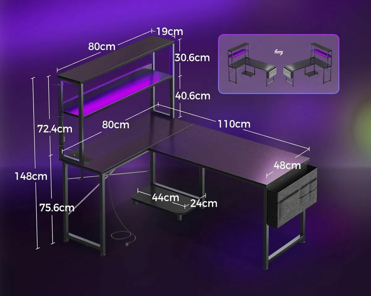L Shaped Gaming Desk LED Lights Outlet 115×80 cm - Image 2