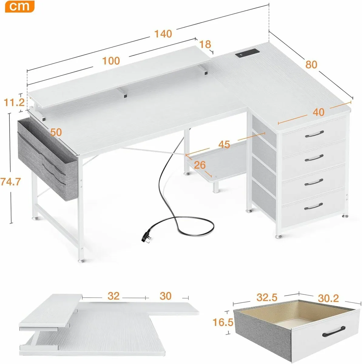 Drawers L Shaped Computer Desk 140x80cm Power Outl - Image 4