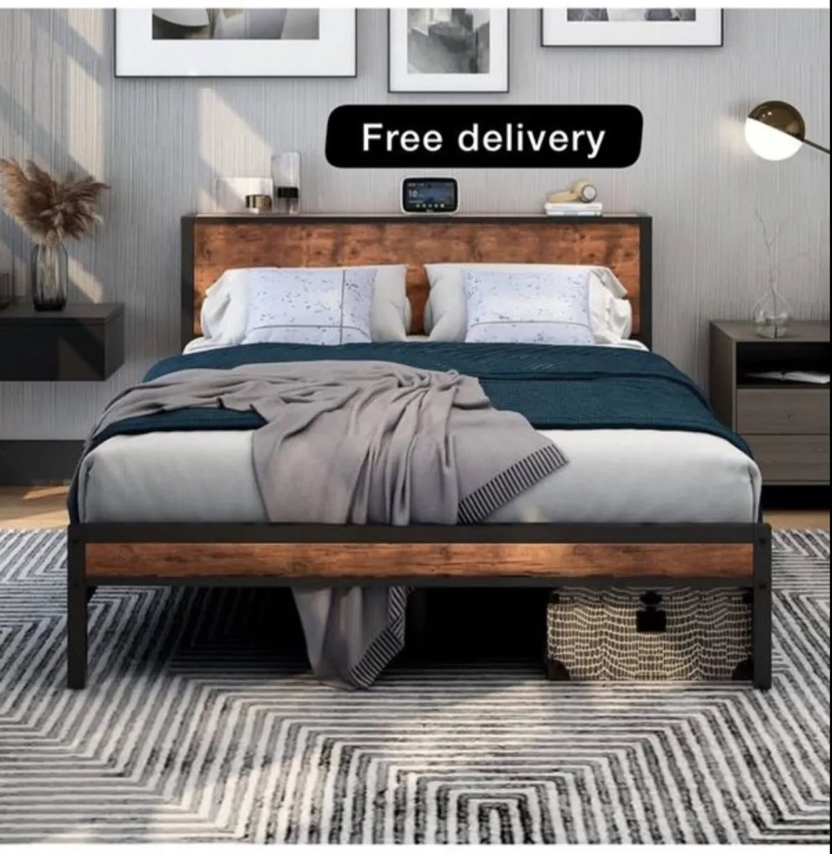 King Size Bed Frame with Storage Wooden Headboard