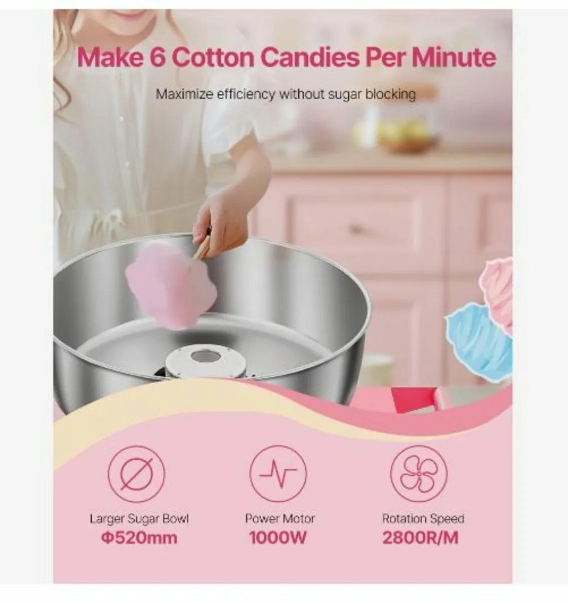 Electric Cotton Candy Machine with Cart, 1000W - Image 3