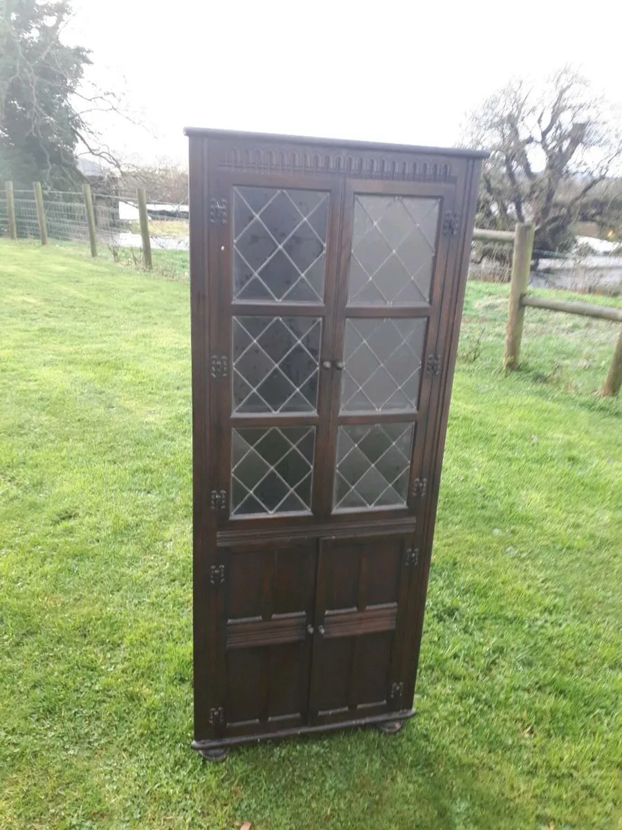 Antique Leaded Glass 4 Door Corner Cabinet - Image 2