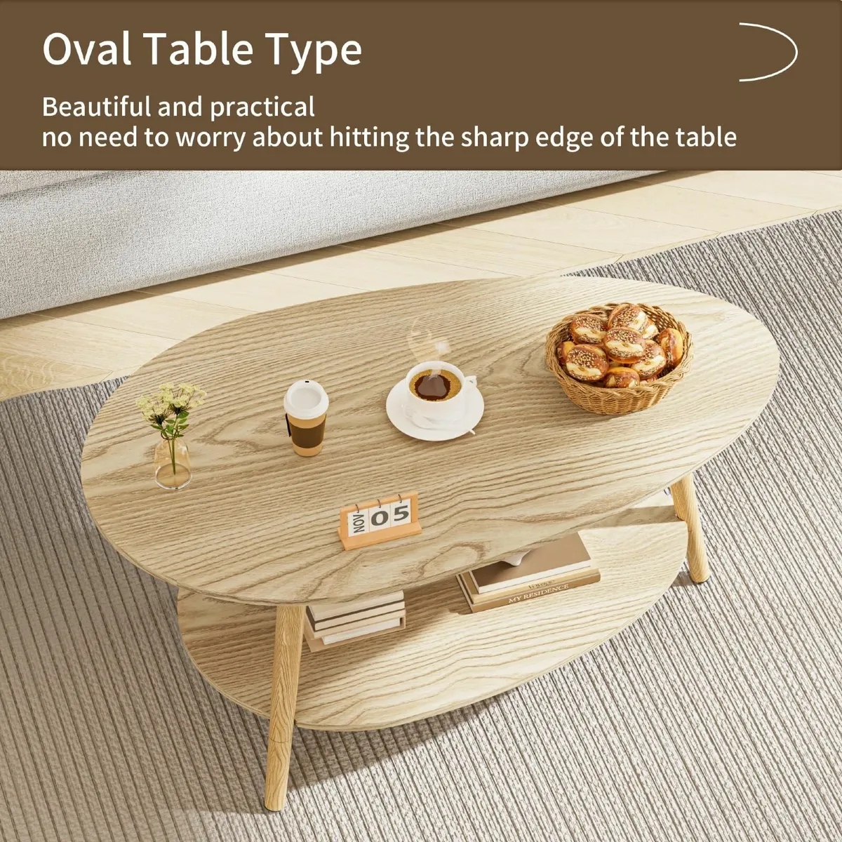 Oval Coffee Table 2-Tier Center with Storage - Image 4
