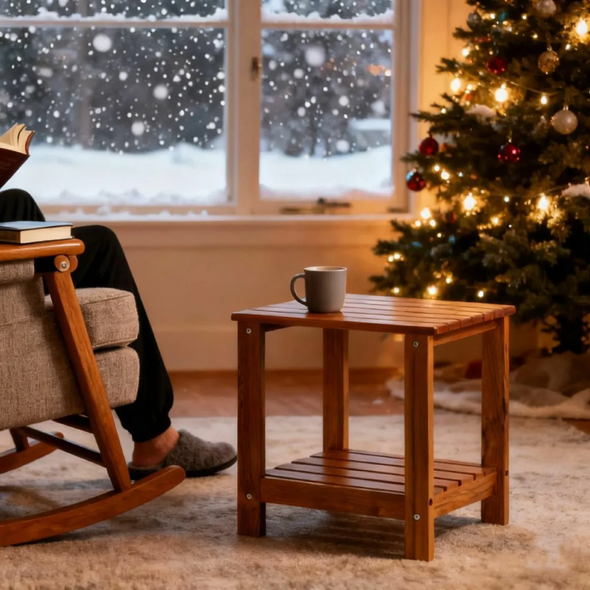 Teak Side Table Outdoor Patio End Double Layer - Image 1