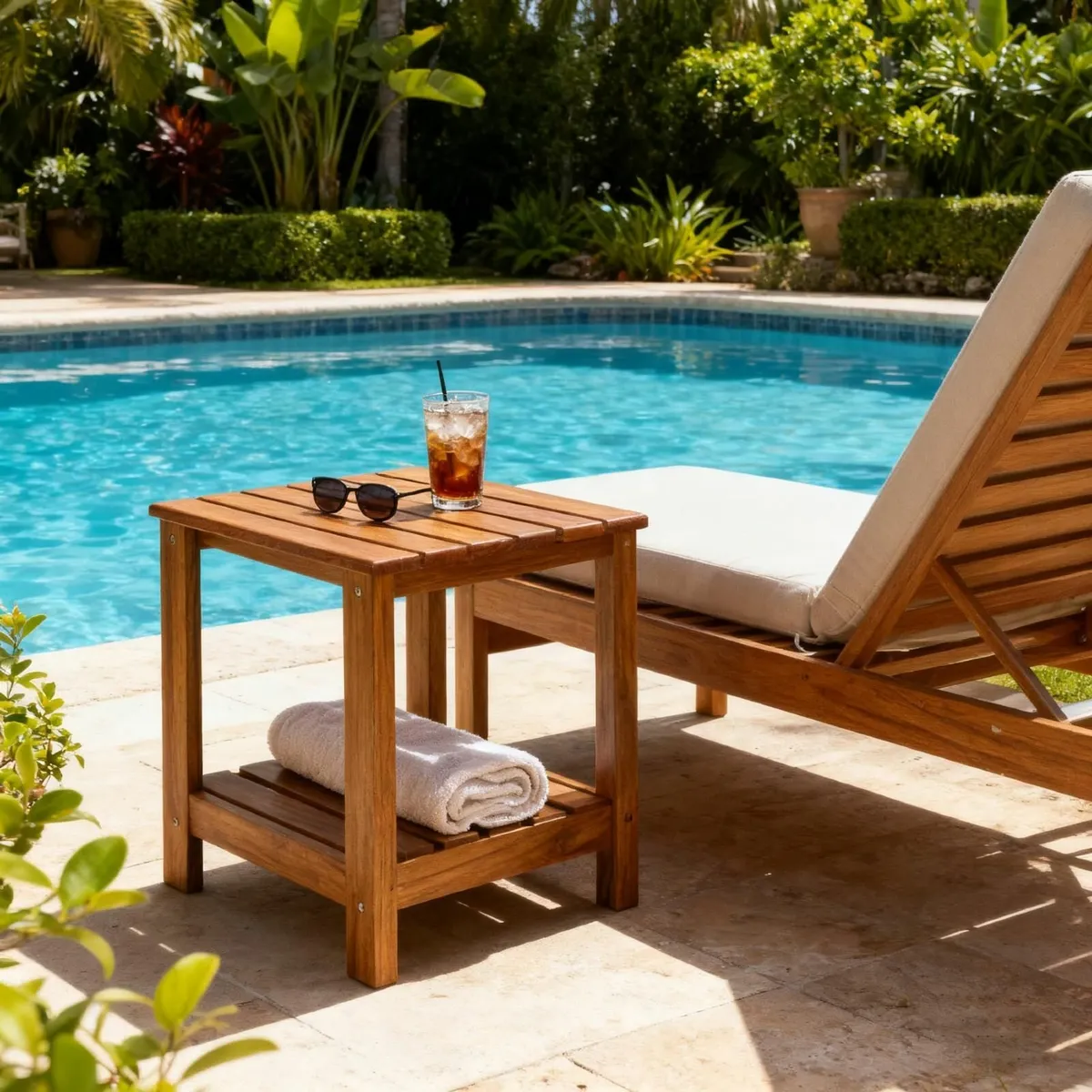 Teak Side Table Outdoor Patio End Double Layer - Image 3