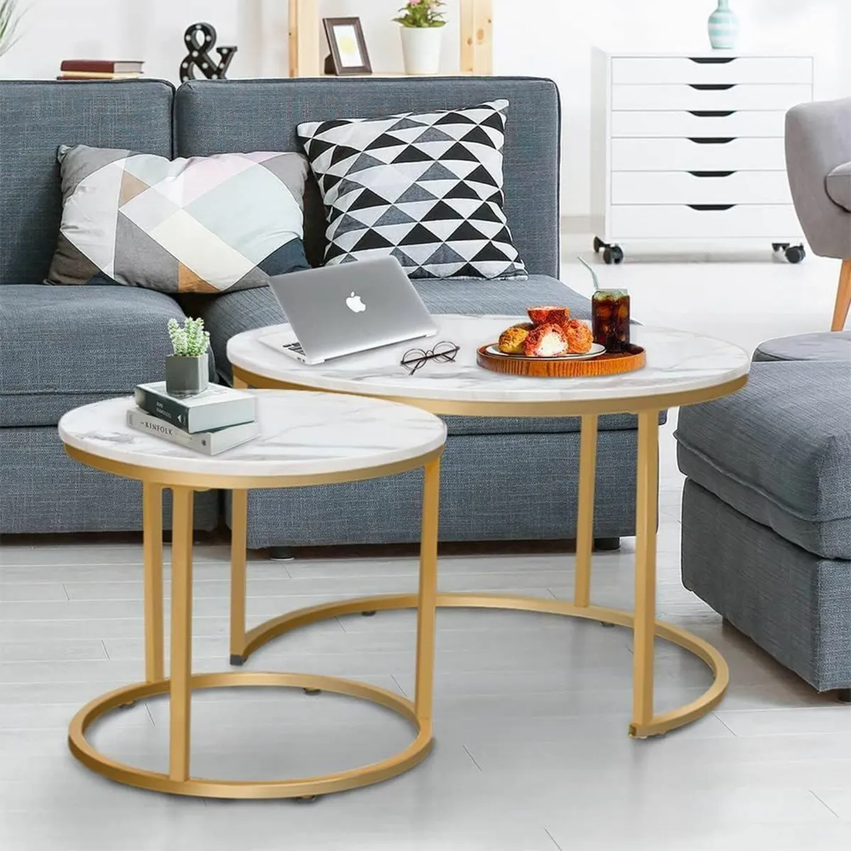 Round Coffee Tables Set of 2 End Table Nesting - Image 2