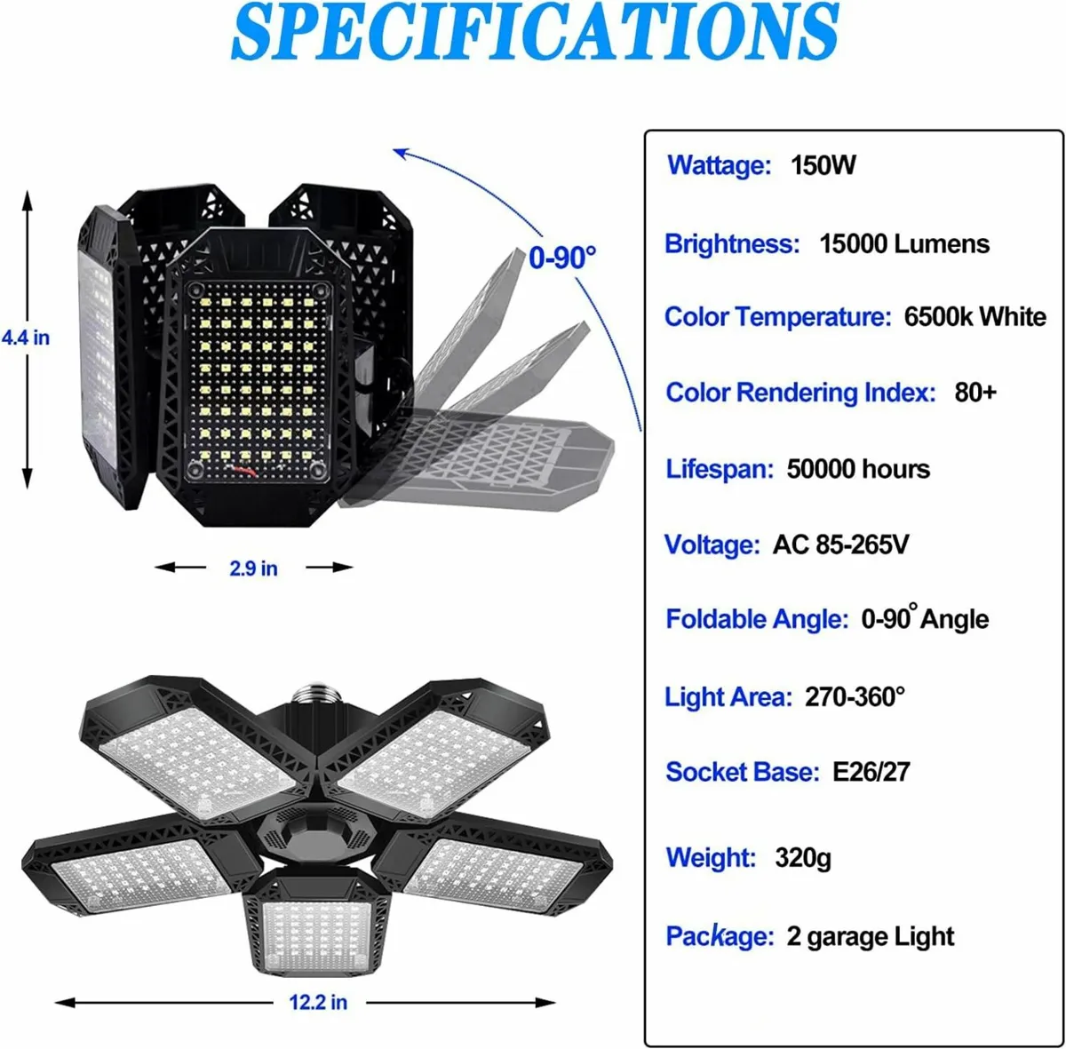 2 Pack Garage Light, 150W LED Lighting 5 Adjustabl - Image 2