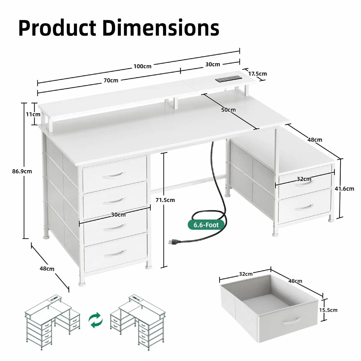 128cm Desk with Fabric File Cabinet Computer - Image 3