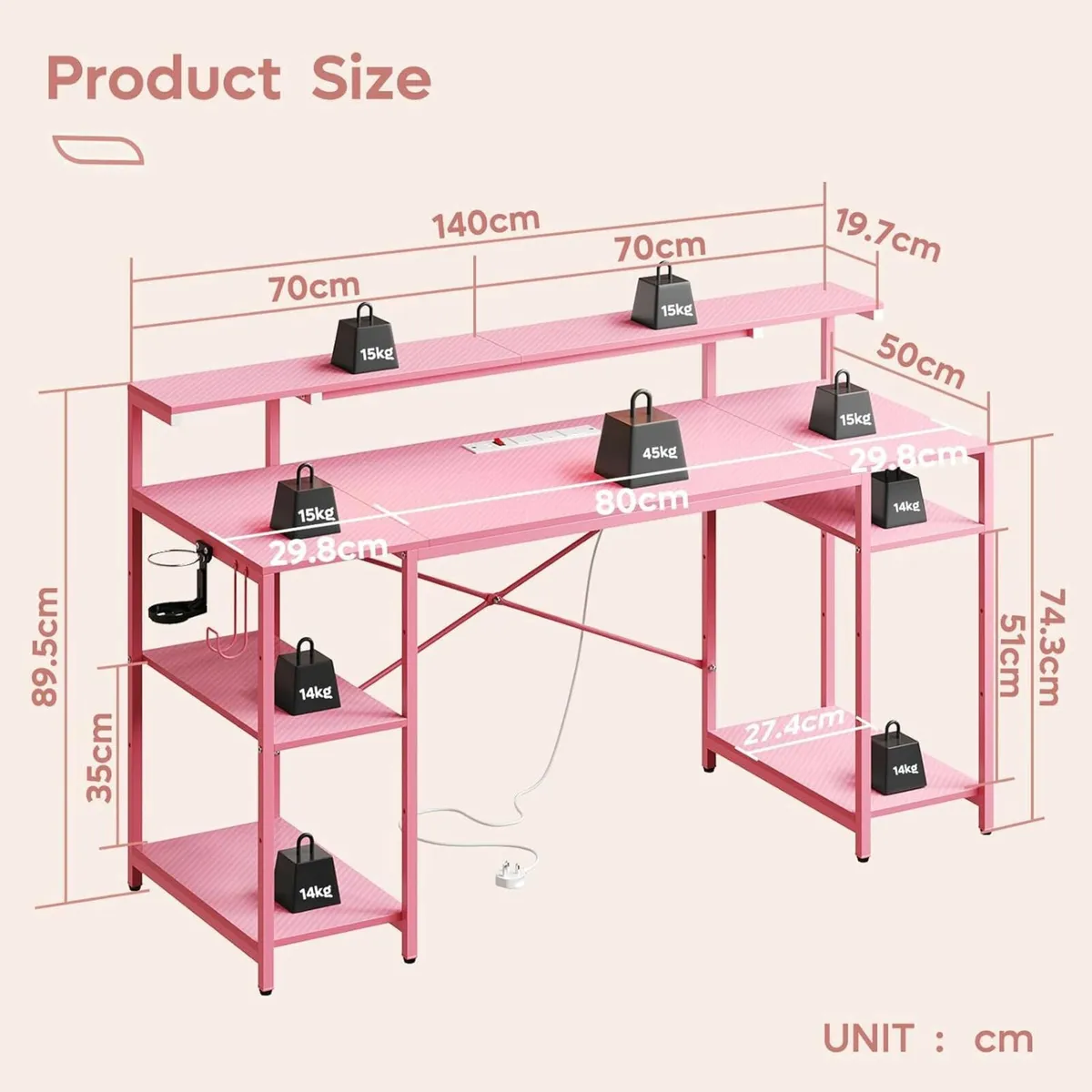 Pink 140 CM Desk with Power Outlets - Image 2