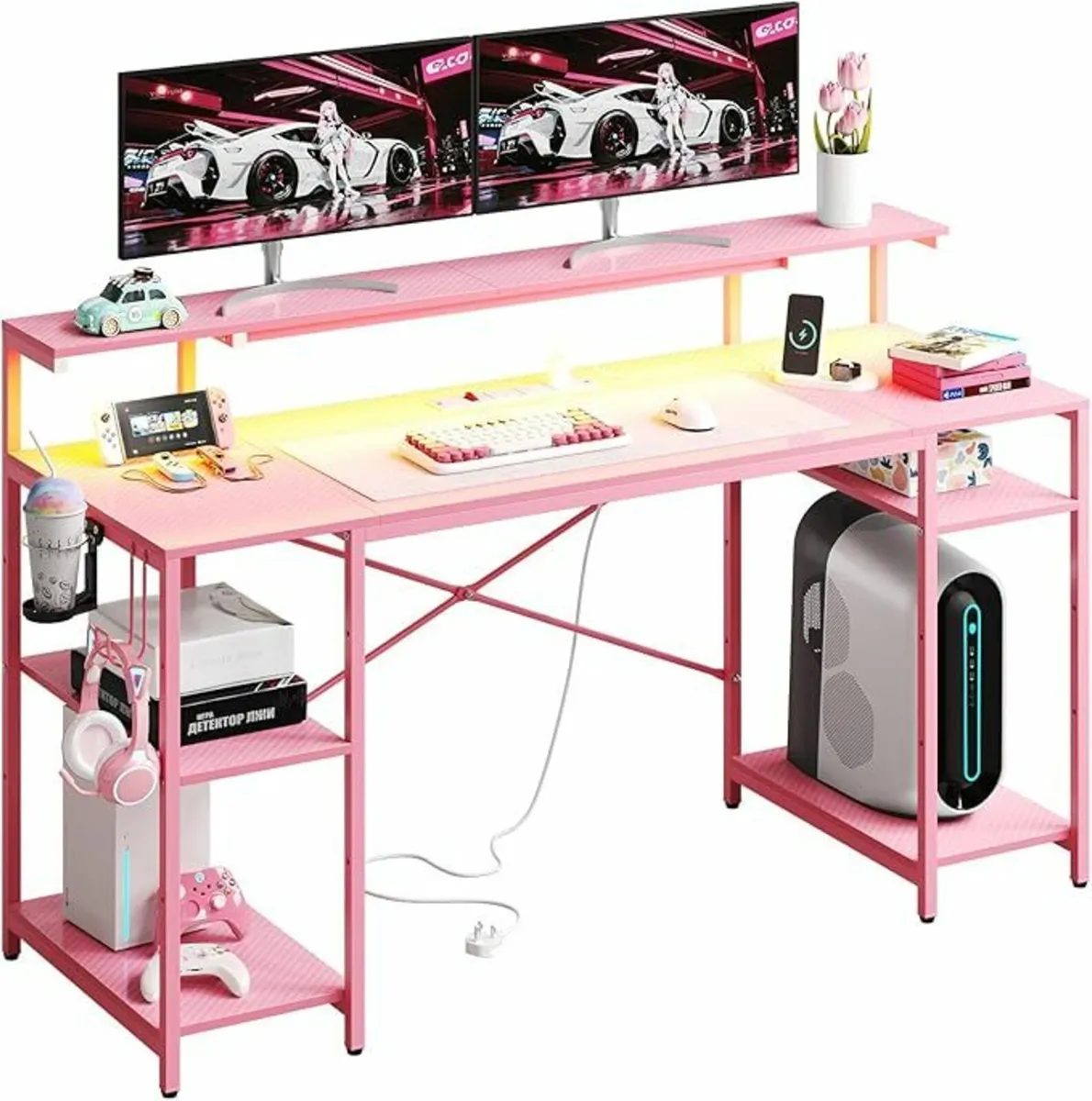 Pink 140 CM Desk with Power Outlets - Image 1