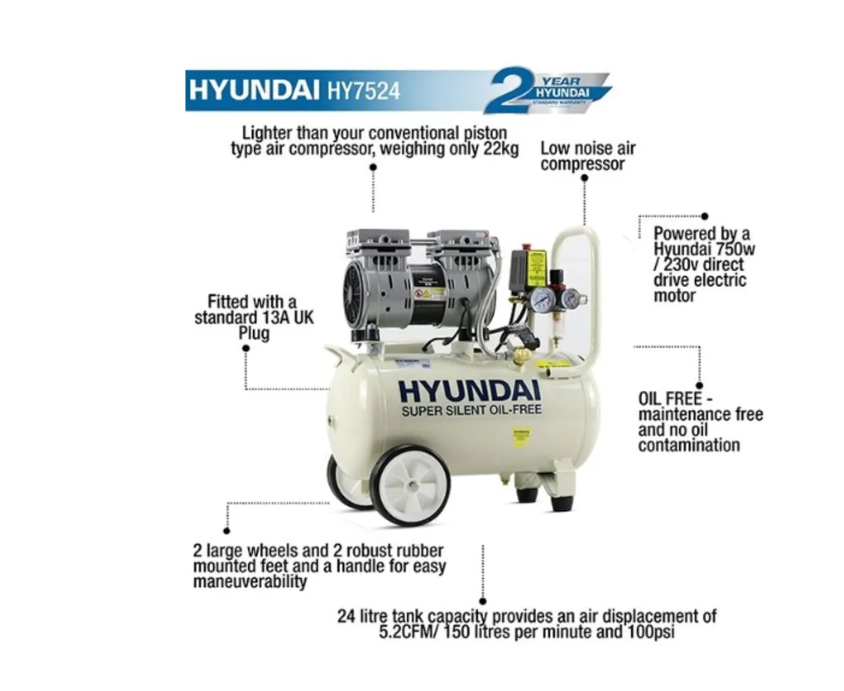 Hyundai 24 Litre Air Compressor Silenced Oil Free - Image 2