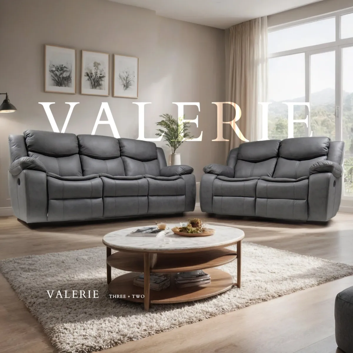 Valerie Grey Smooth Fabric Recliner Sofa Set - Image 1