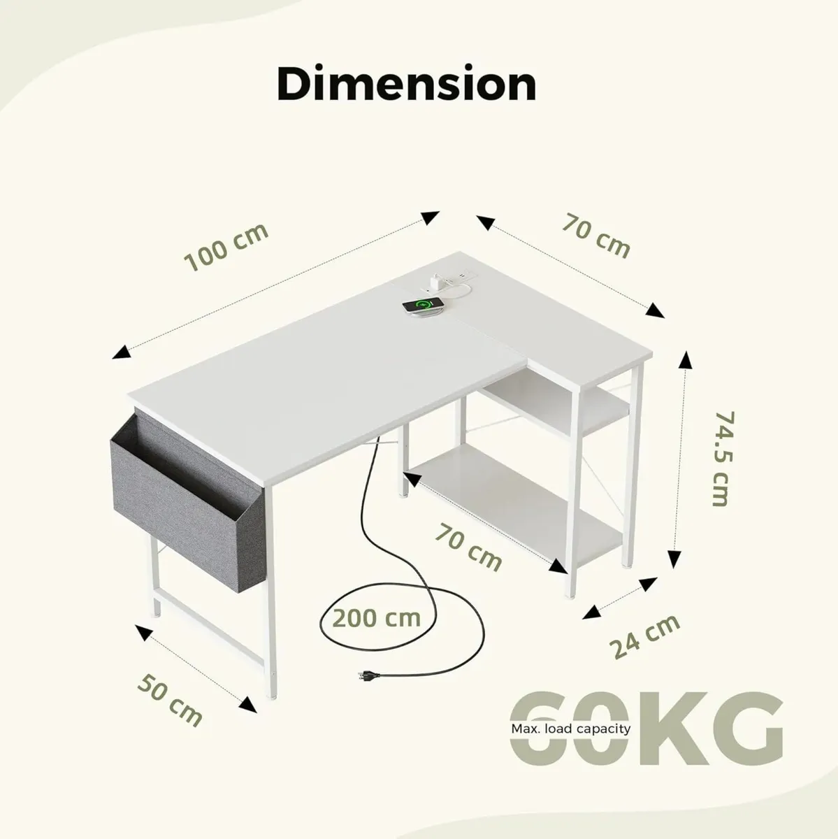 L Shaped Desk Office White Power Outlets 100 cm - Image 2