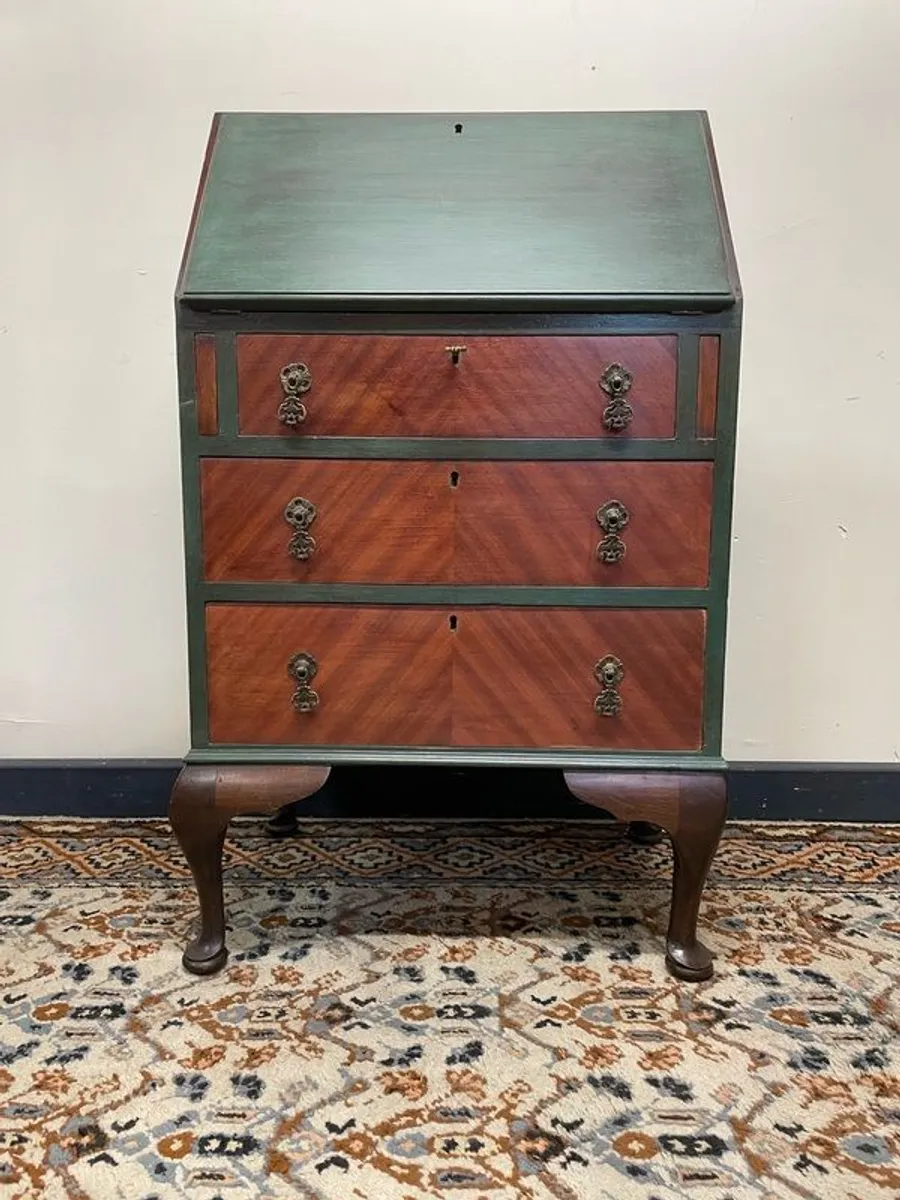 Vintage Green Queen Anne Writing Bureau with Three Drawers - Image 1