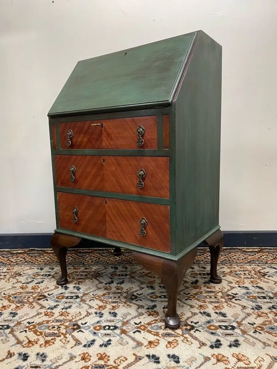 Vintage Green Queen Anne Writing Bureau with Three Drawers - Image 2