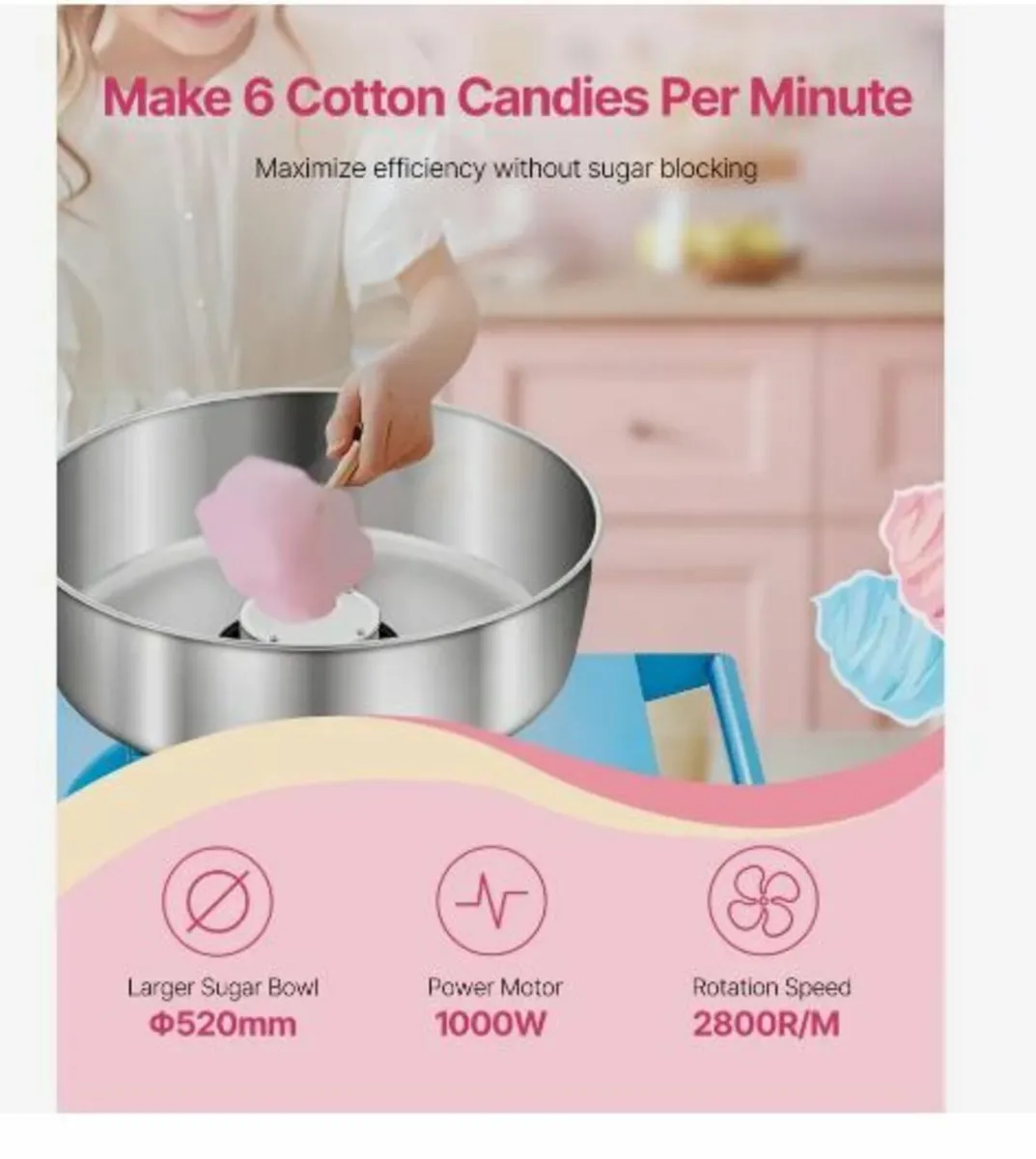 Electric Cotton Candy Machine with Cart, 1000W - Image 2