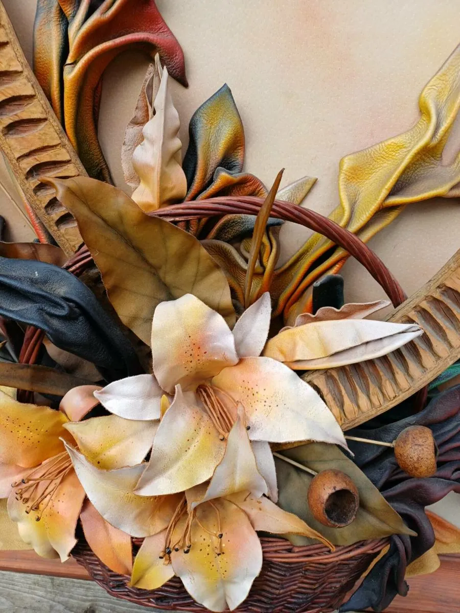 Vintage Leather Floral Artwork Picture - Image 2