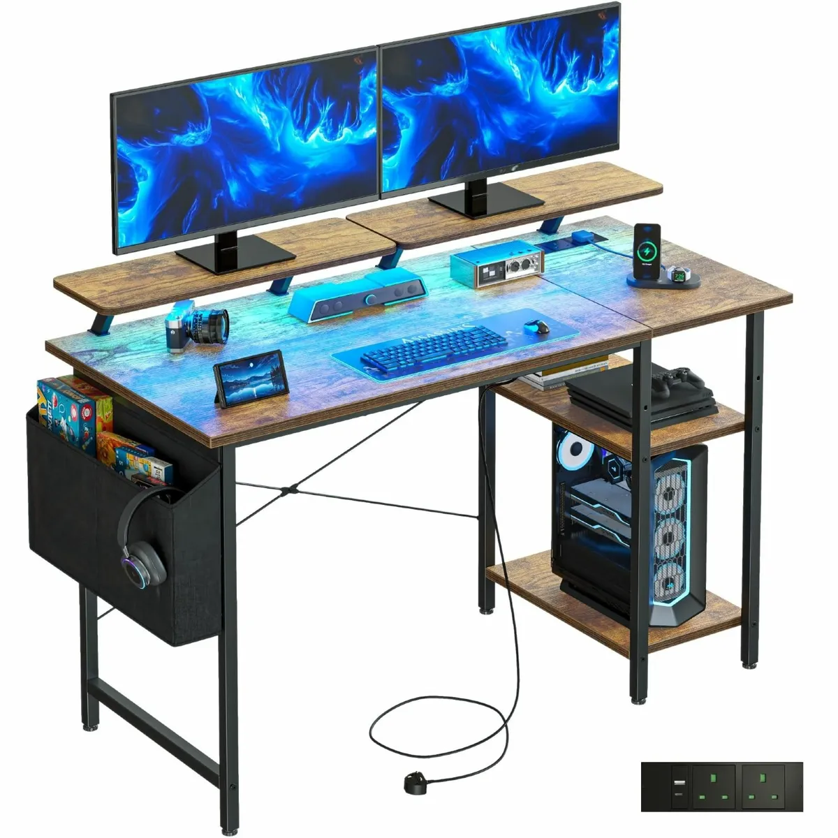 Gaming Desk with LED Lights Power Outlets - Image 1