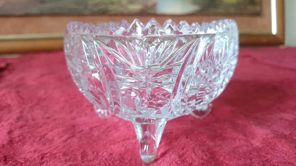 Triangular Cut Crystal Glass Footed Jewelry Dish - Image 3
