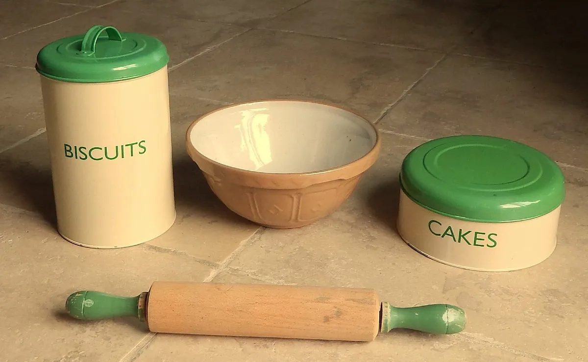 Mason Cash Ceramic Bowl, Enamel Tins & Rolling Pin - Image 1
