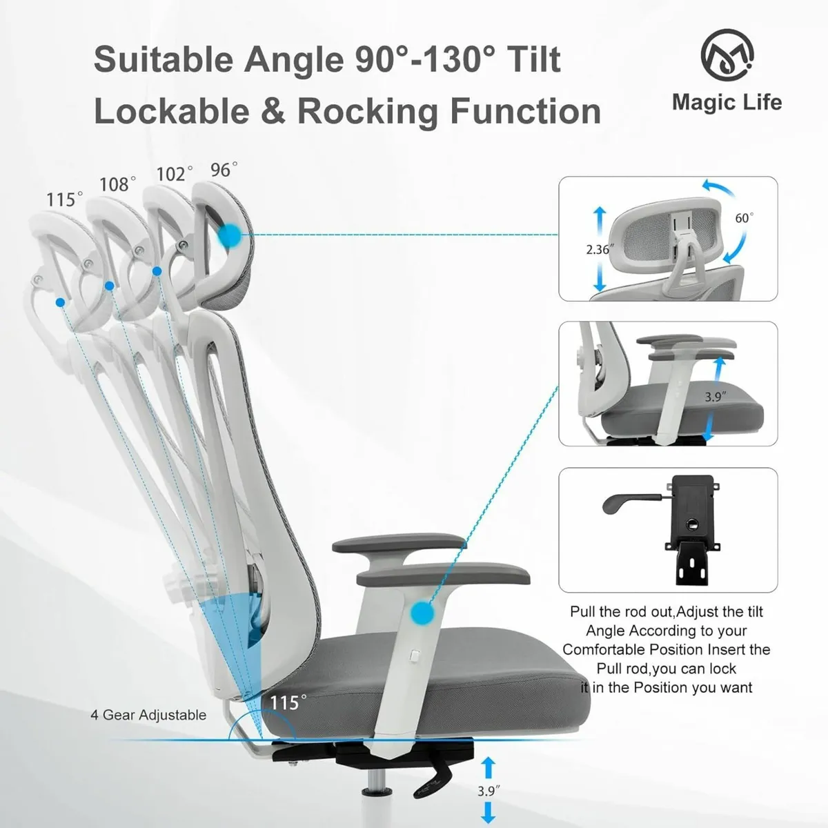 Ergonomic Office Gaming Chair White Adjustable - Image 2