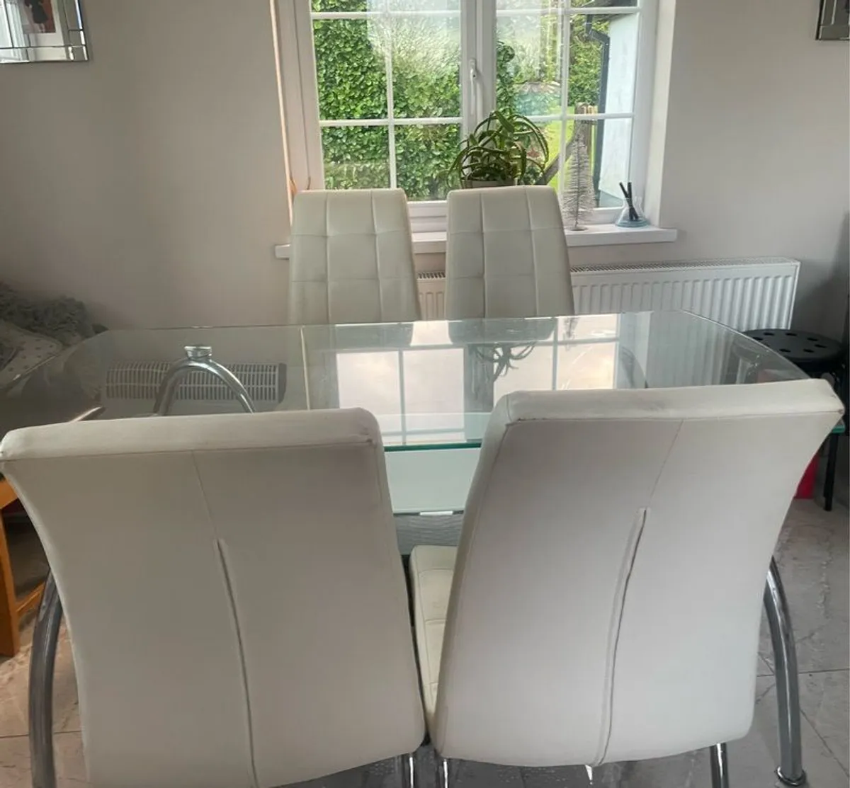 Glass & Chrome Table & 4 Cream Chairs - Image 1