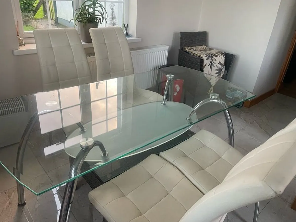 Glass & Chrome Table & 4 Cream Chairs - Image 2