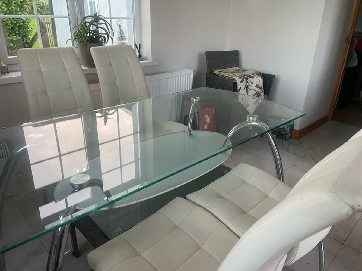 Glass & Chrome Table & 4 Cream Chairs - Image 3
