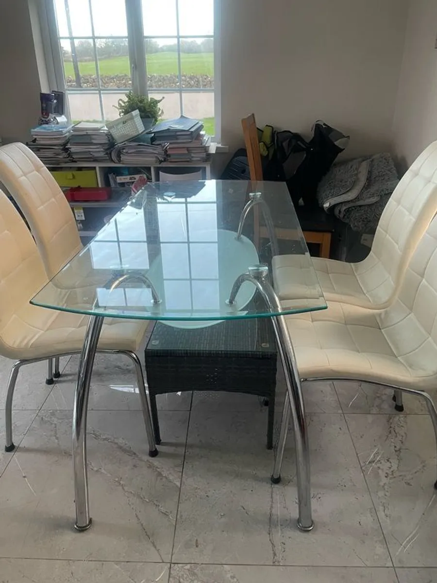 Glass & Chrome Table & 4 Cream Chairs - Image 4