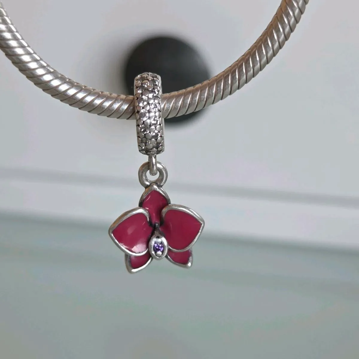 Pandora silver  pink orchid flower dangle charm - Image 1