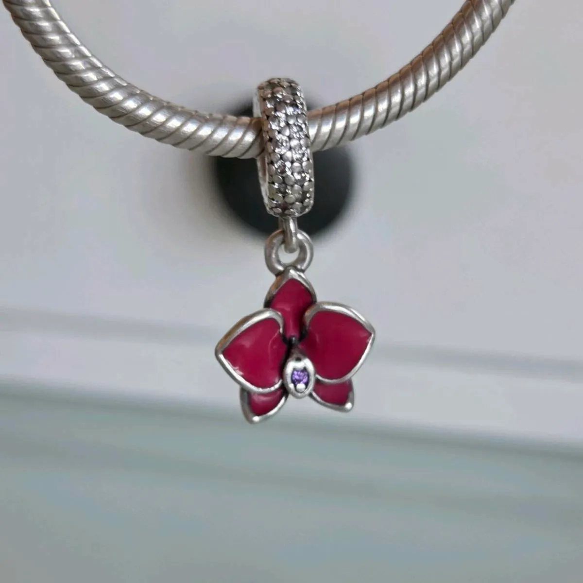 Pandora silver  pink orchid flower dangle charm - Image 3
