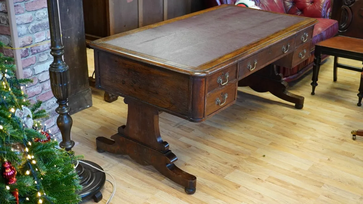 Late Victorian Solid Oak Partner’s Desk with Leath - Image 1