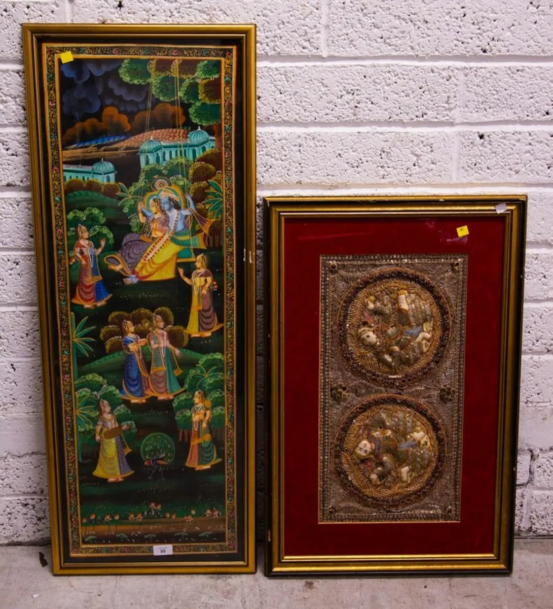 Indian Silk hand painted scene  and other