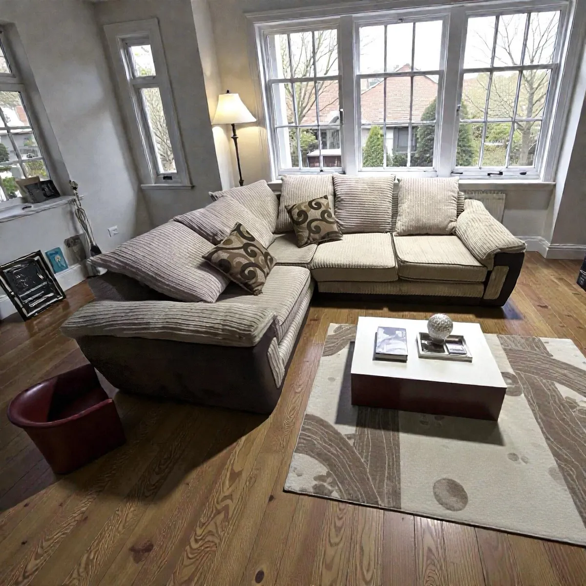 Beige corduroy corner sofa with matching chair - Image 2